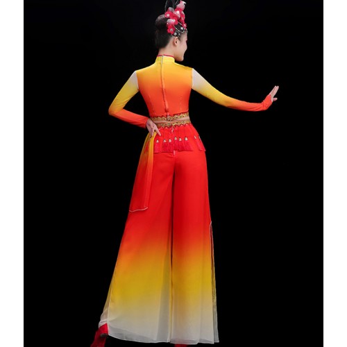 Red with yellow Chinese Folk Dance Dress for Women Girls Traditional Classical Yangge drum dance performance costumes female fan umbrella dance clothes classical dance suit